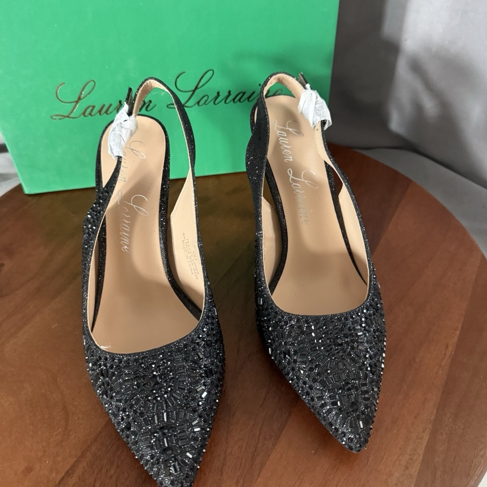 Lauren Lorraine Rachel Women's Heels Shoes Rhinestones Black‎ Slingback Size 8 - Picture 2 of 14